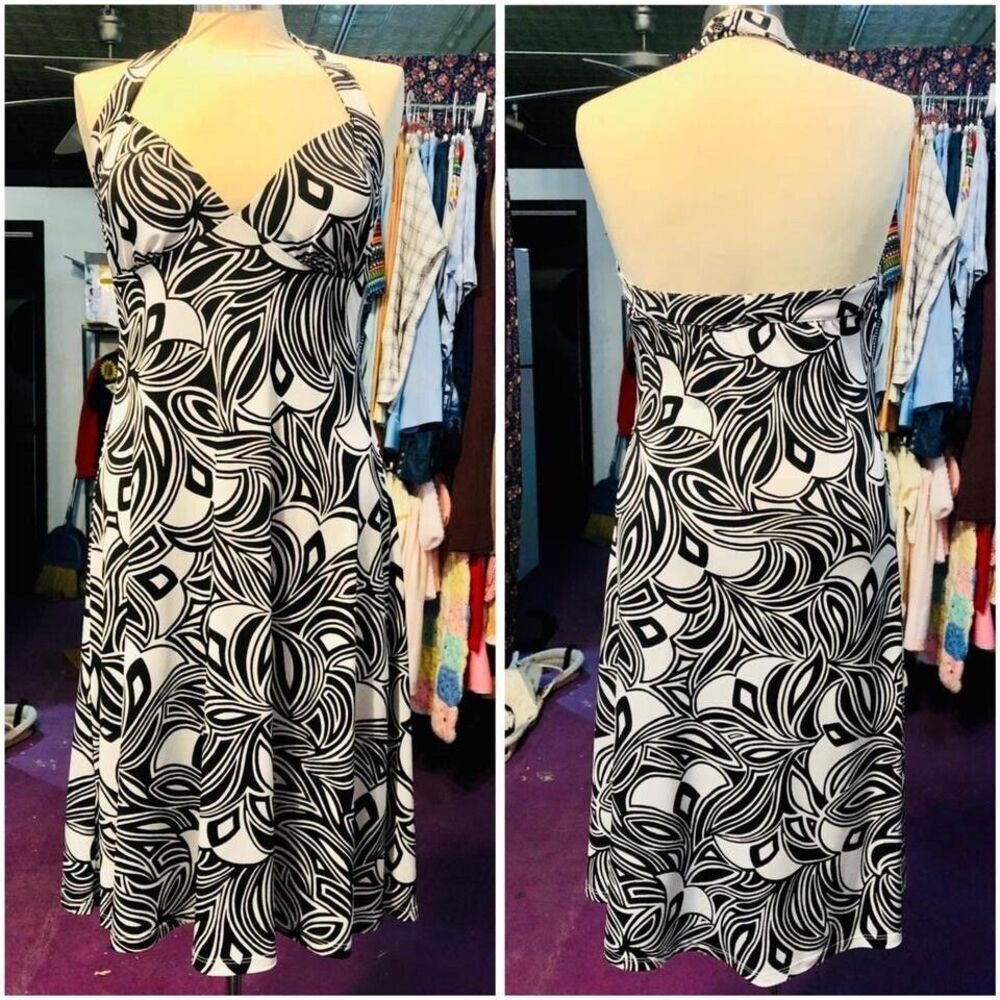 2000s Black And White Psychedelic Print Halter Dress Sundress Clubwear Y2k
